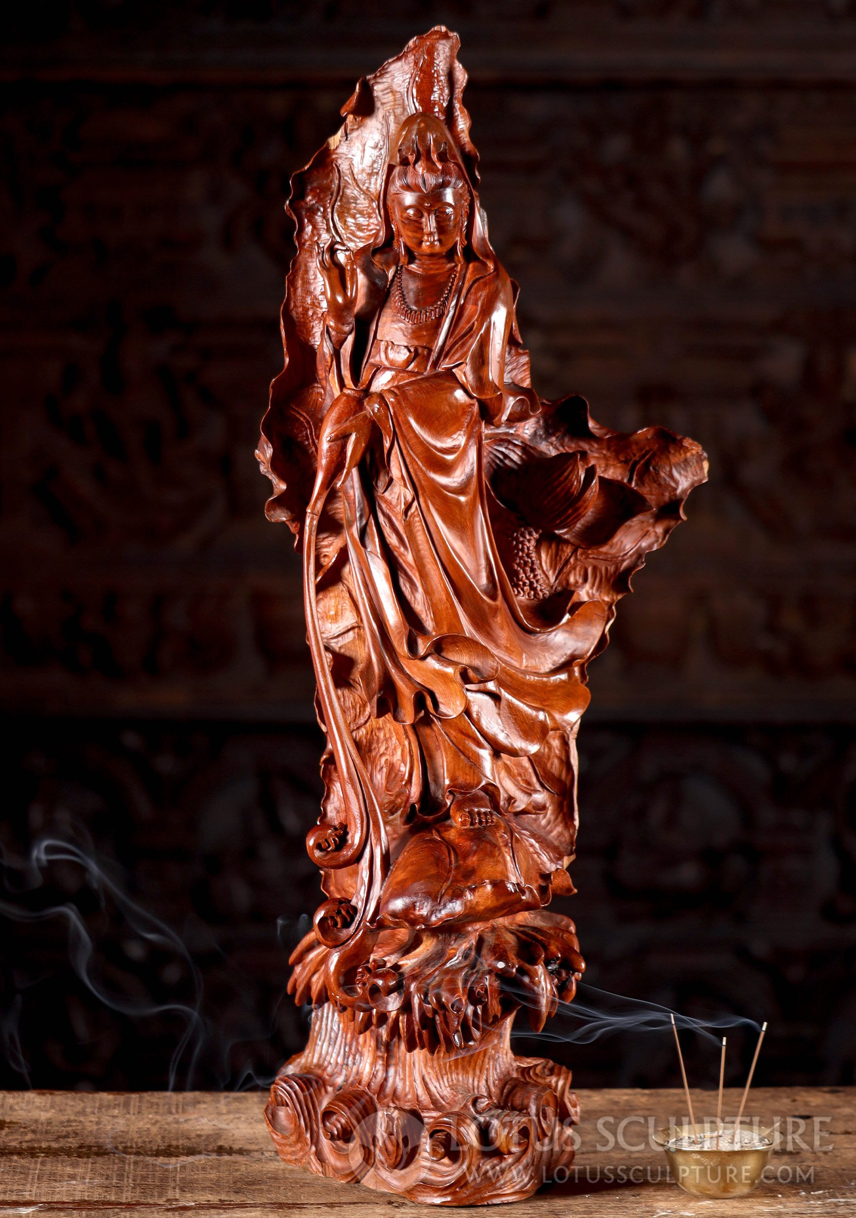 Kwan Yin Wood Sculpture - Bodhisattva of Compassion with Vase on Ocean Waves 27"